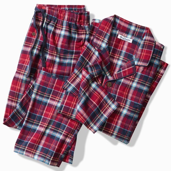 Tommy Bahama Flannel Long Sleeve & Pants Pajama PJ Set  $105 Red Plaid - Picture 2 of 13